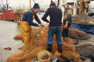 Colour Photograph Showing Fishermen Sorting Nets On The Quay, Probably Aberdeen Harbour