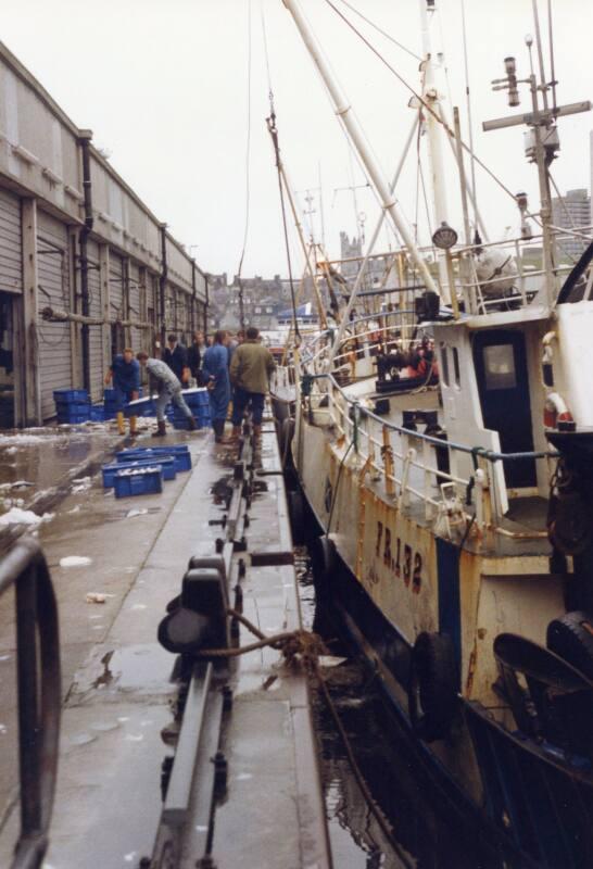 Colour Photograph Showing Fish Being Unloaded From Fishing Vessels At The Fish Market, Aberdeen