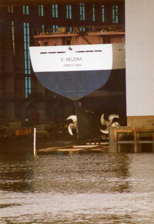 Colour Photograph Showing The Stern Of The Vessel 'st Helena' Before Launching At Hall Russell