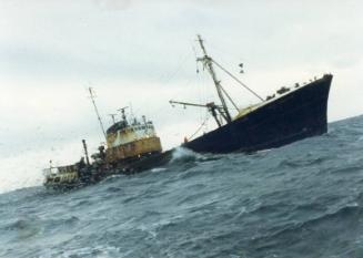 Colour Photograph Showing Aberdeen Trawler A520 At Sea With Lots Of Gulls. Starboard Side View