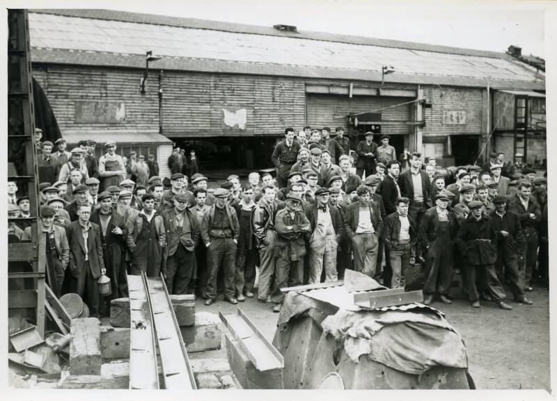 Photograph showing shipyard staff at the launch of the trawler Captain Foley