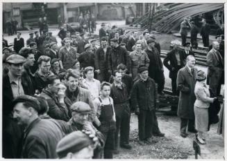 Photograph showing shipyard staff at the launch of the trawler Ben Meidie