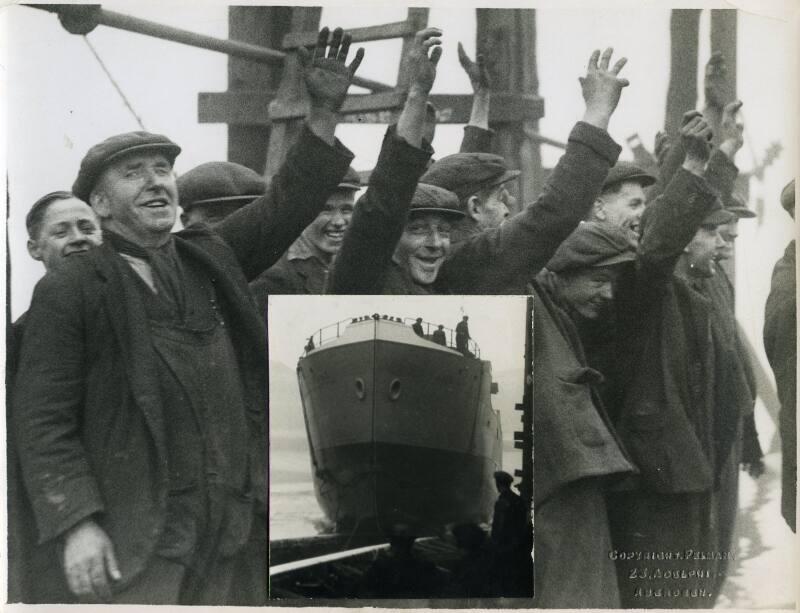 Photograph showing shipyard staff at the launch of the cargo vessel Jolly Days