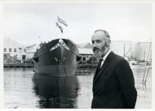 Photograph showing the launch of the sail training vessel Malcolm Miller