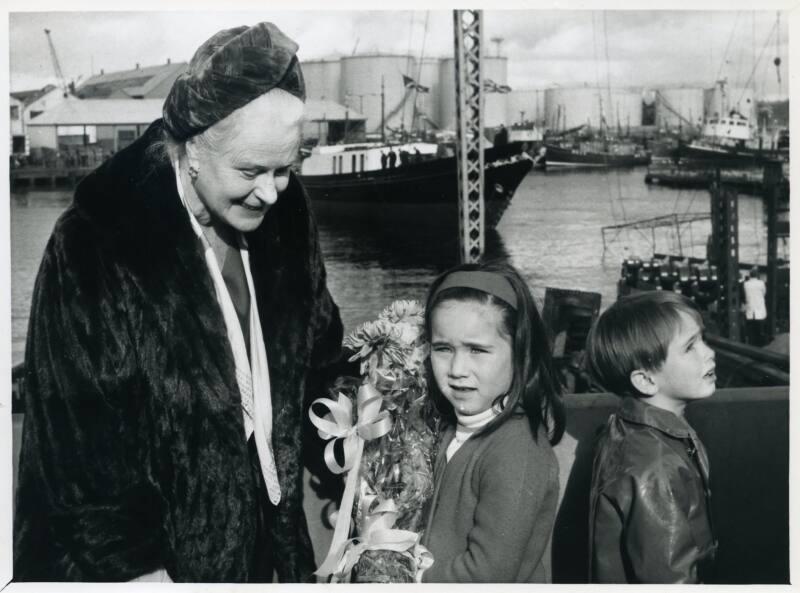 Photograph showing the launch of the sail training vessel Malcolm Miller