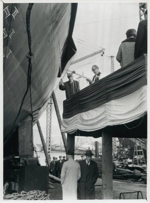 Photograph showing the launch of the sail training vessel Malcolm Miller