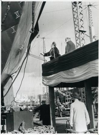 Photograph showing the launch of the sail training vessel Malcolm Miller