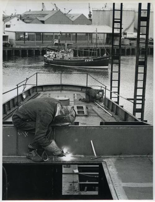 Photograph showing the sail training vessel Malcolm Miller under construction