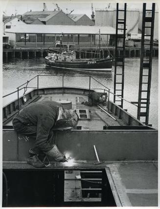 Photograph showing the sail training vessel Malcolm Miller under construction