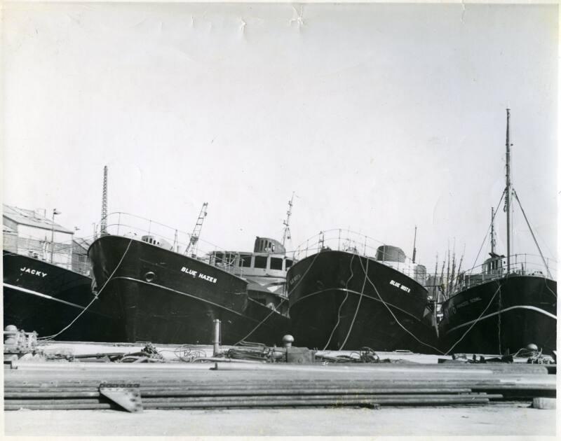 Photograph showing the trawlers Jacky (Boston Firefly), Blue Haze II, Blue Mist II and Princess Royal