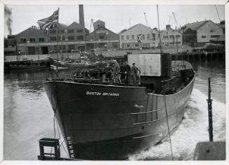 Photograph showing the launch of the trawler Boston Britannia (Acadia Snowbird)