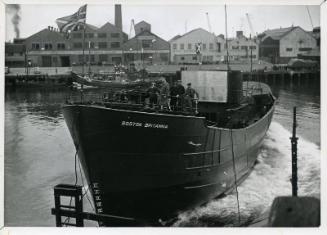 Photograph showing the launch of the trawler Boston Britannia (Acadia Snowbird)