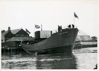 Photograph showing the launch of the trawler Boston Britannia (Acadia Snowbird)