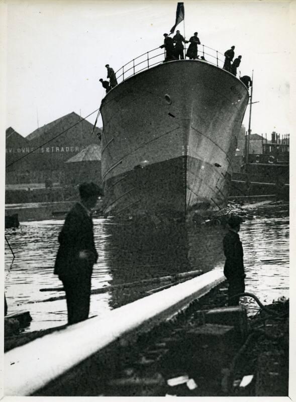 Photograph showing the launch of the trawler Stockham