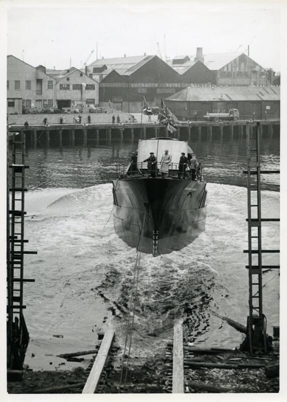 Photograph showing the launch of the trawler Ormesby Queen