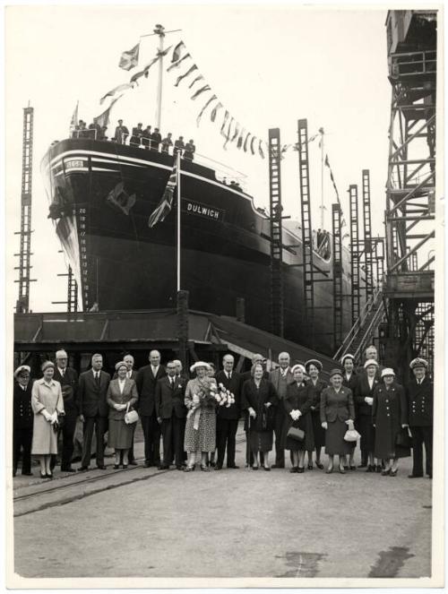 Guests at the launch of the collier Dulwich built at Hall Russell, 1957