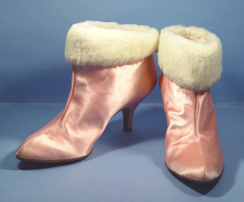 Ladies Pink Satin Fur Fabric Trim Ankle Boots with Box Works